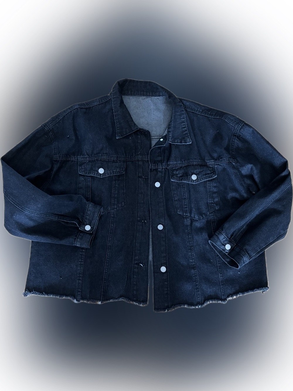 Distressed Slightly Cropped Cutoff Black Denim Jean Jacket Plus Size 3X 4X